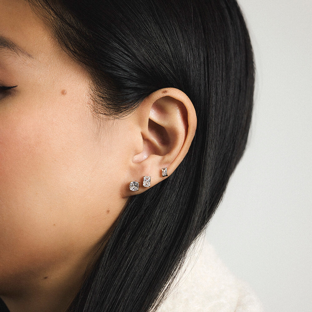 Celestial Crystal Cushion Nap Earrings, Celestial Crystal Emeral Cut Nap Earrings and Mini Celestial Crystal Emerald Cut Nap Earrings - Gold - On Model