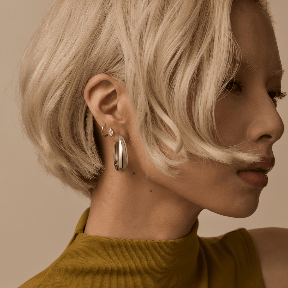 Oeuf Hoops and Classic Huggie Hoops, 11mm with Celestial Crystal Lozenge Nap Earrings on Model -  Silver