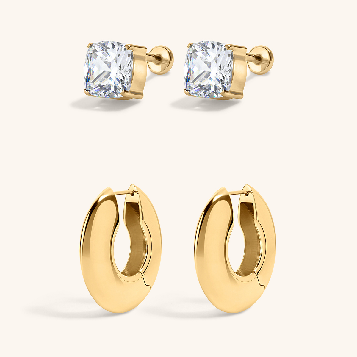 After Dark Duo - Celestial Crystal Cushion Nap Earrings and Puffy Disc Hoops  - Gold