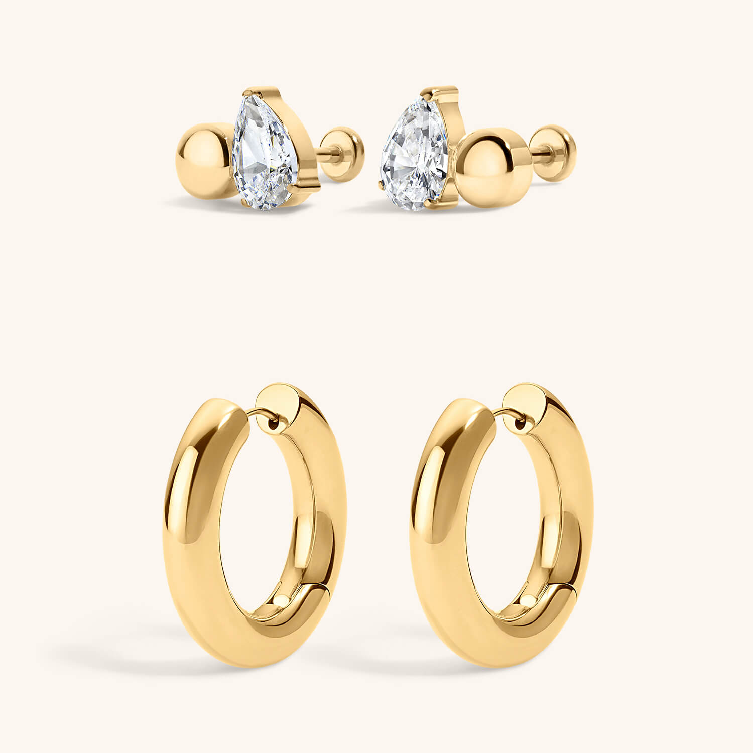 Ever Together Duo - Toi Et Moi Sphere and Pear Nap Earrings and Every Body Hoops in Titanium - Gold