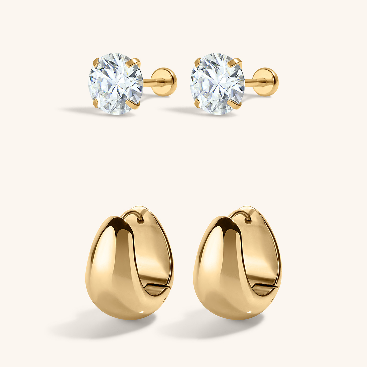 Everyday Icons Duo: Celestial Crystal Solitaire Nap Earrings, 6mm and Mini Dewdrop Hoops - Gold