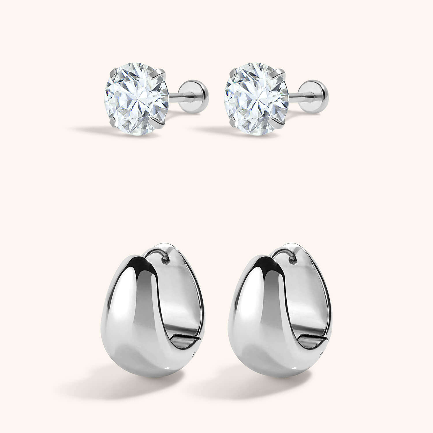 Everyday Icons Duo: Celestial Crystal Nap Earrings in 6mm and Mini Dewdrop Hoops in Titanium - Silver