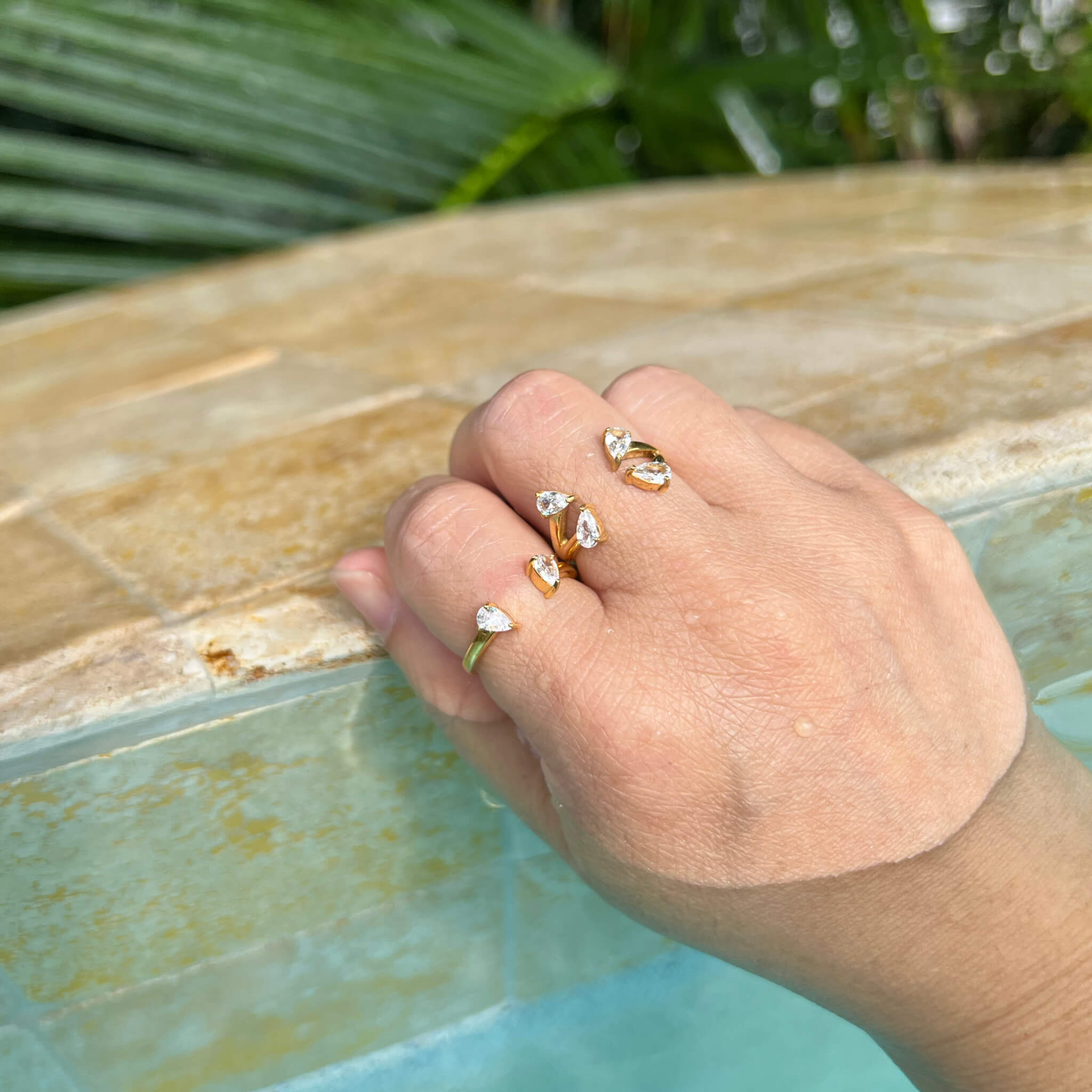 Floating Dewdrop Stacking Ring II in Gold on model