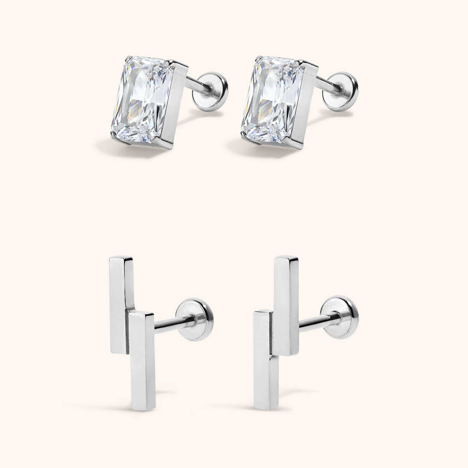 The Modernist Nap Earrings Duo - Celestial Crystal Emerald Cut Nap Earrings and Lightning Bar Nap Earrings in Silver