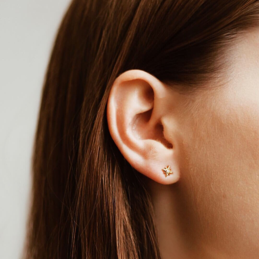 North Star Threaded Flat Back Earring (Titanium - Gold) on model