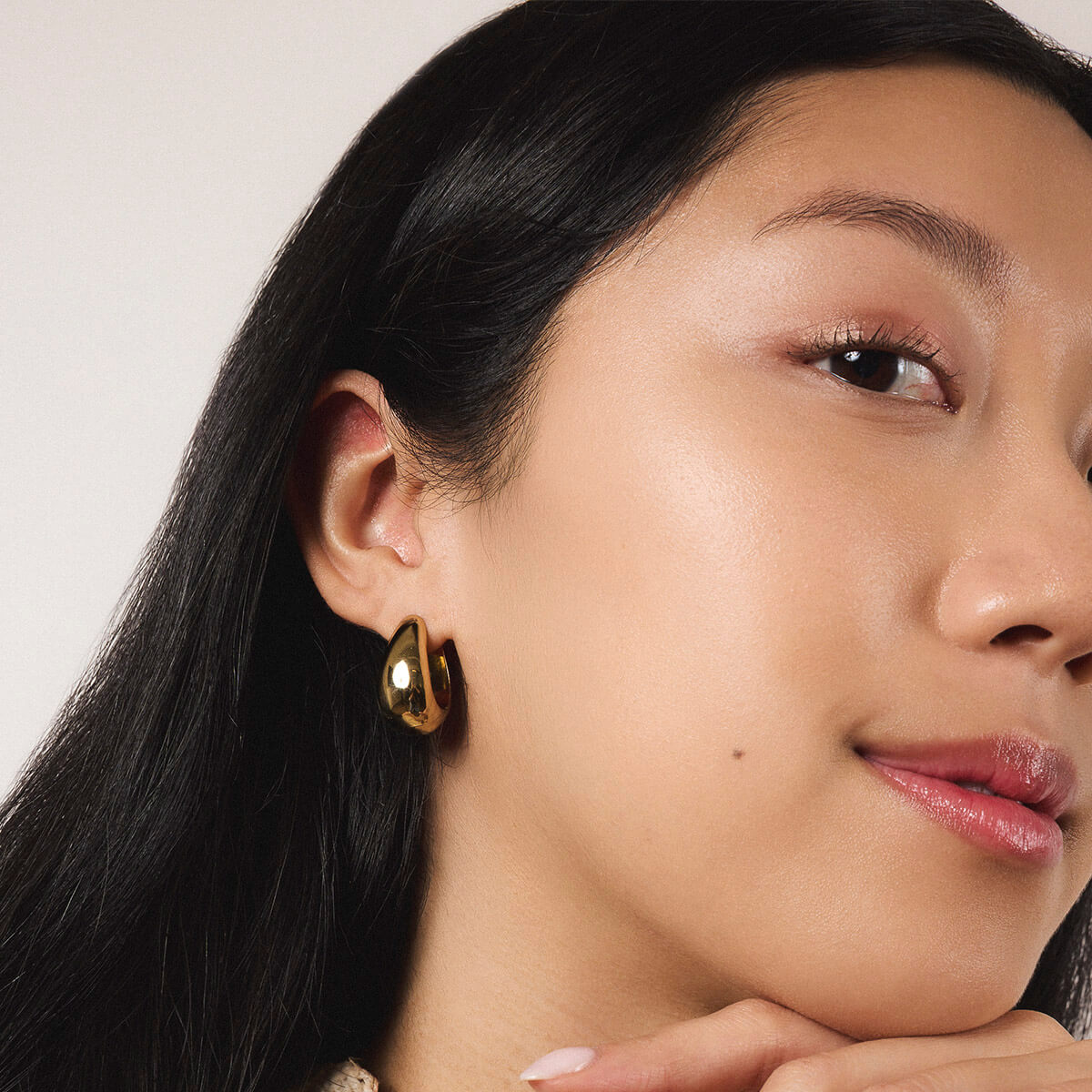 Dewdrop Hoops in Titanium - On Model (Gold)