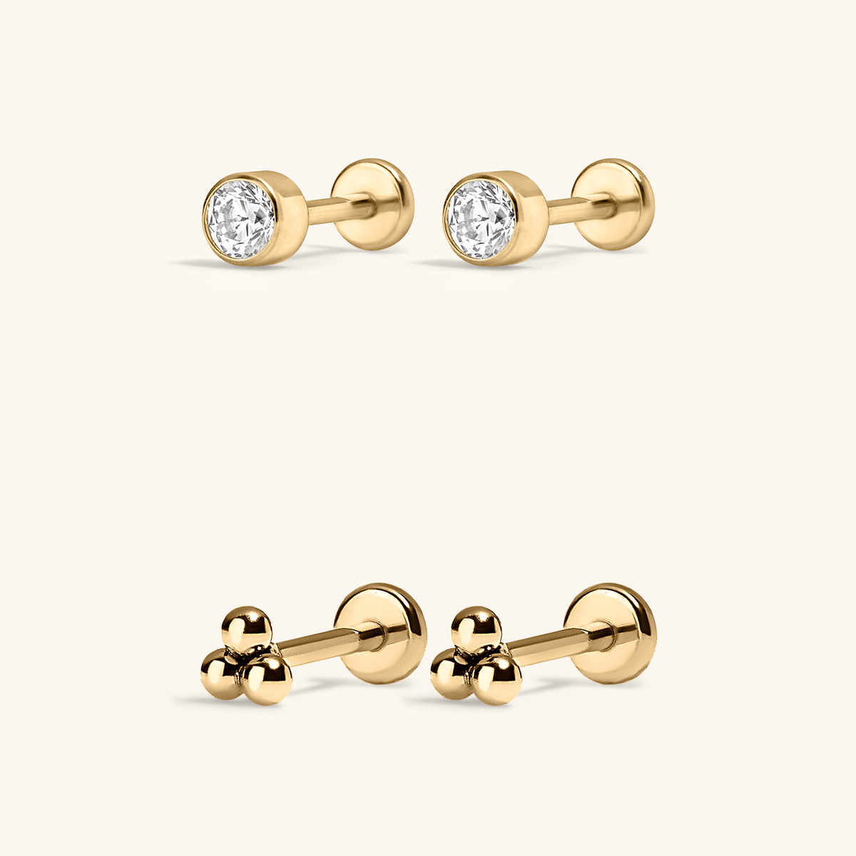 Minimalist Nap Earrings Duo - Celestial Crystal Bezel Solitaire Nap Earrings and  Trinity Nap Earrings in Gold