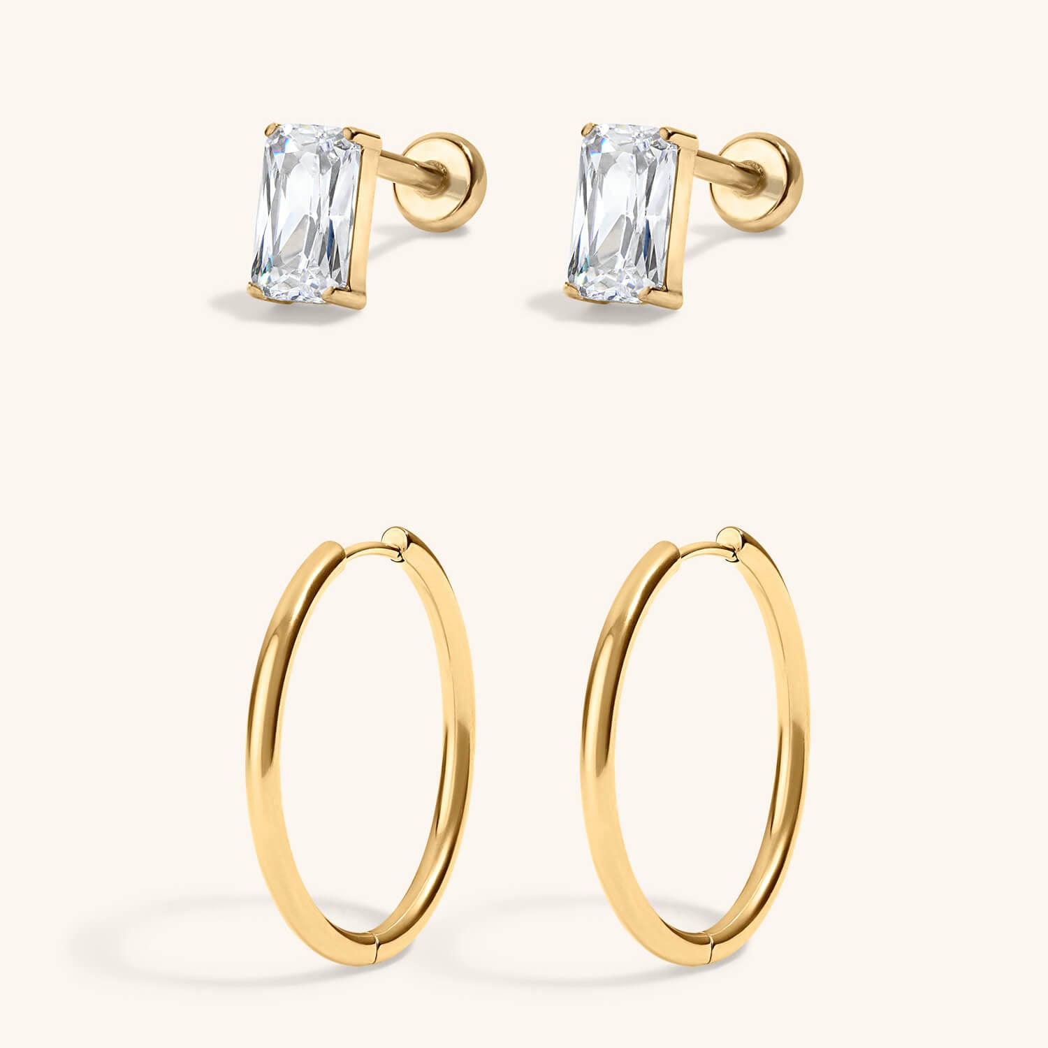 Modern Essentials Duo - Mini Celestial Crystal Emerald Cut Nap Earrings and Classic 1" Hoops in Titanium Gold