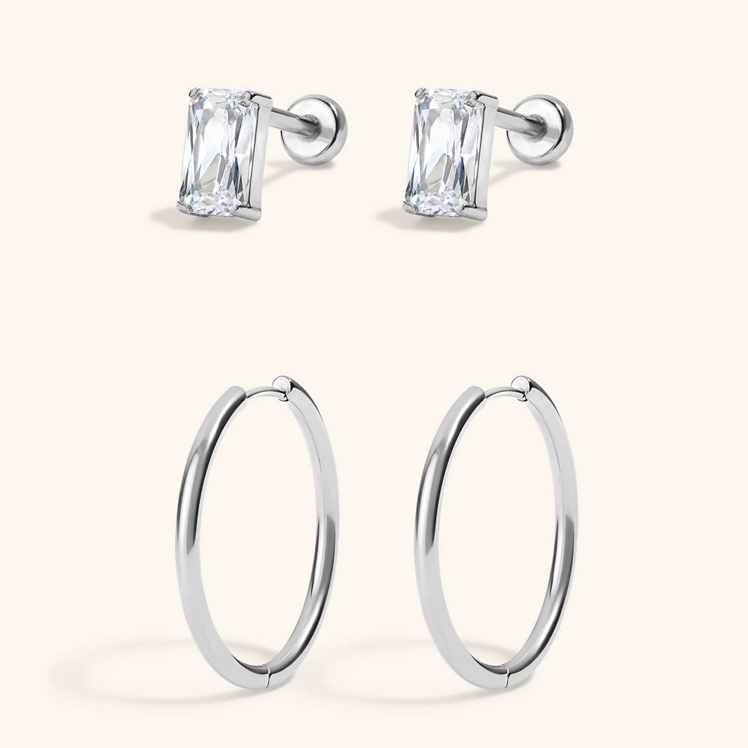 Modern Essentials Duo - Mini Celestial Crystal Emerald Cut Nap Earrings and Classic 1" Hoops in Titanium Silver
