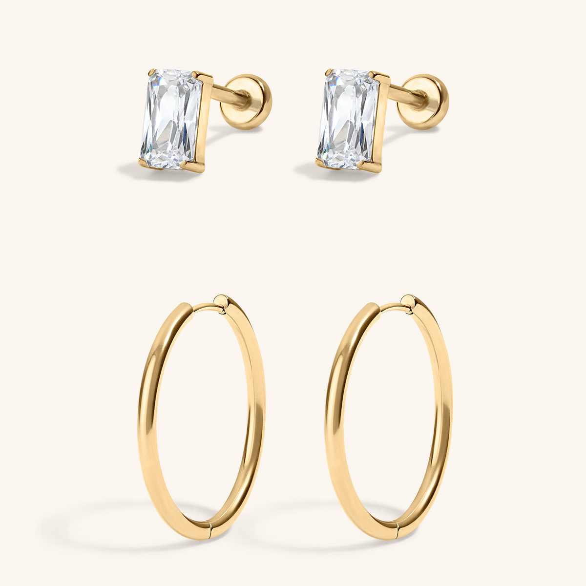 Modern Essentials Duo - Celestial Crystal Emerald-Cut Nap Earrings, 5mm and Classic Hoops, 25mm in Gold