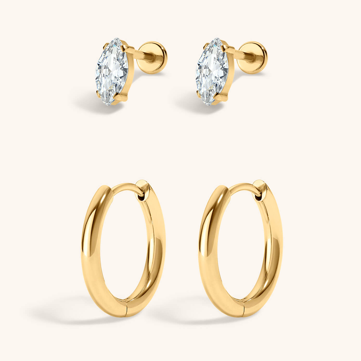 The Signature Essentials Duo - Mini Crystal Marquise Nap Earrings and Classic Hoops in Titanium Gold