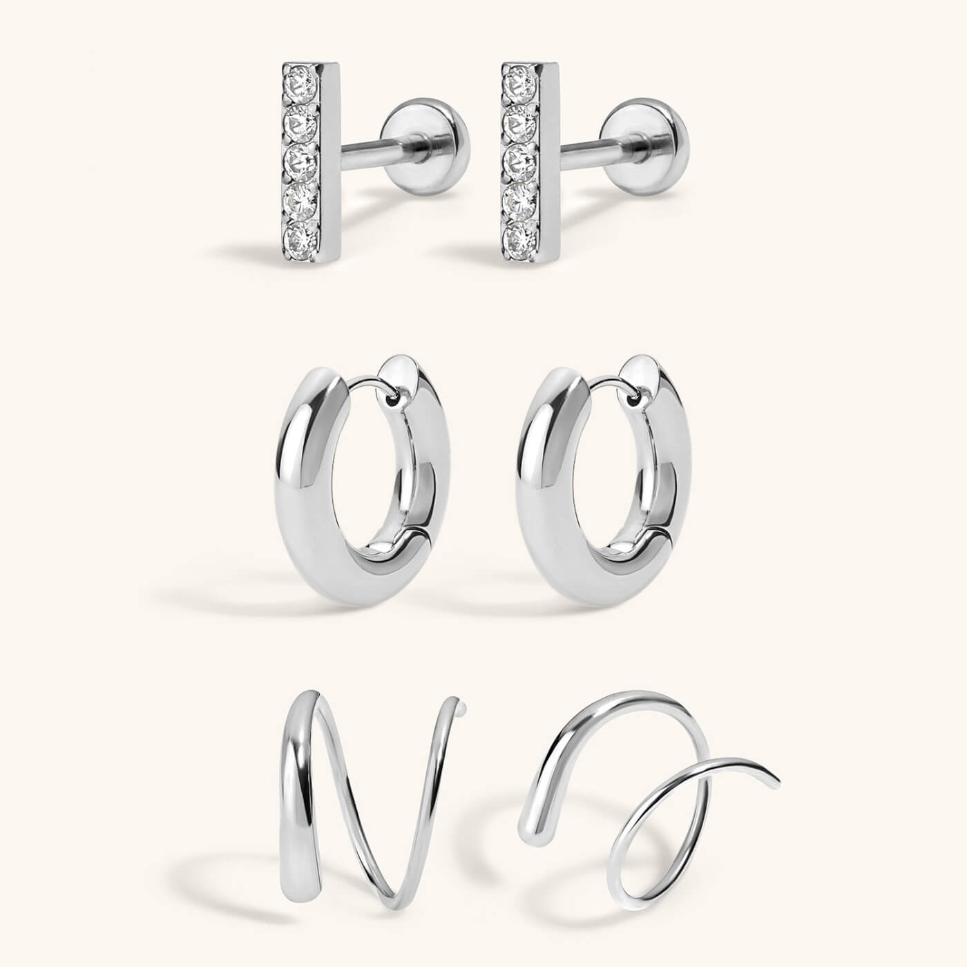 Off Duty Stack- Pave Bar Nap Earrings with Twirl Hoops and Every Body Hoops, 18mm Silver
