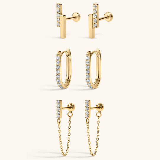 The Starry Night Trio: Pave Lightning Nap Earrings, Eternity Baby Halo Hoops in Titanium and Falling Star Nap Earrings in Gold