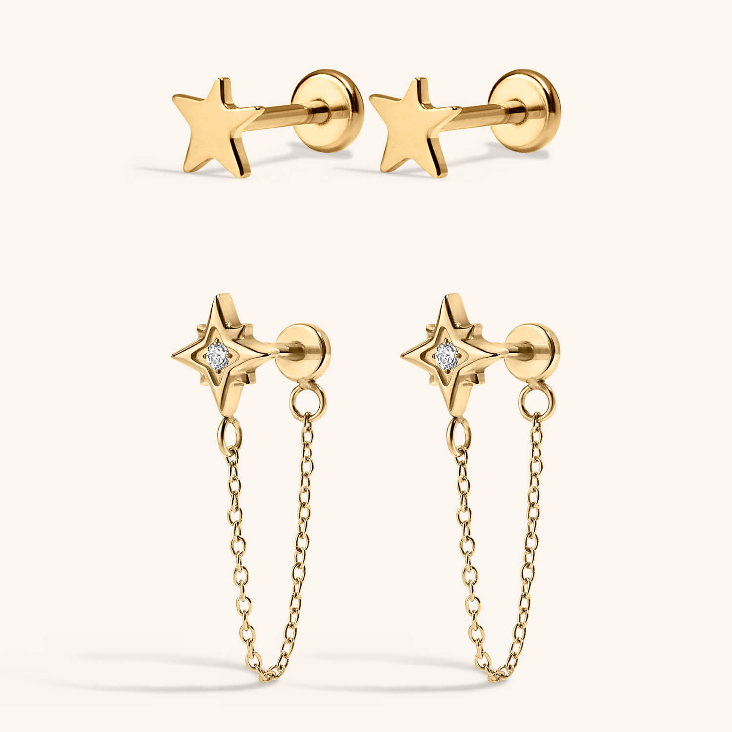The Shooting Star Nap Earrings Duo - Classic Star and North Star Chain Nap Earrings in Gold