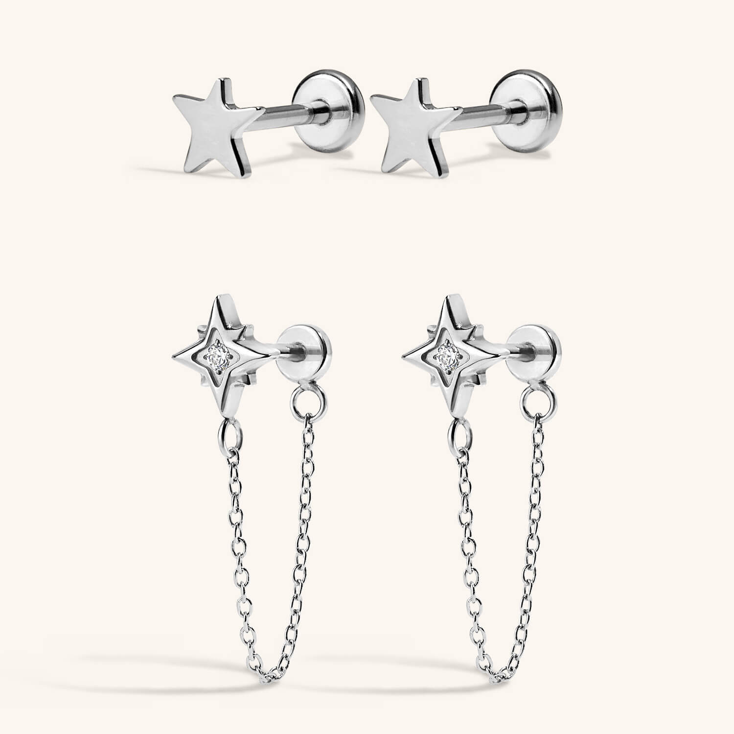 The Shooting Star Nap Earrings Duo - Classic Star and North Star Chain Nap Earrings in Silver