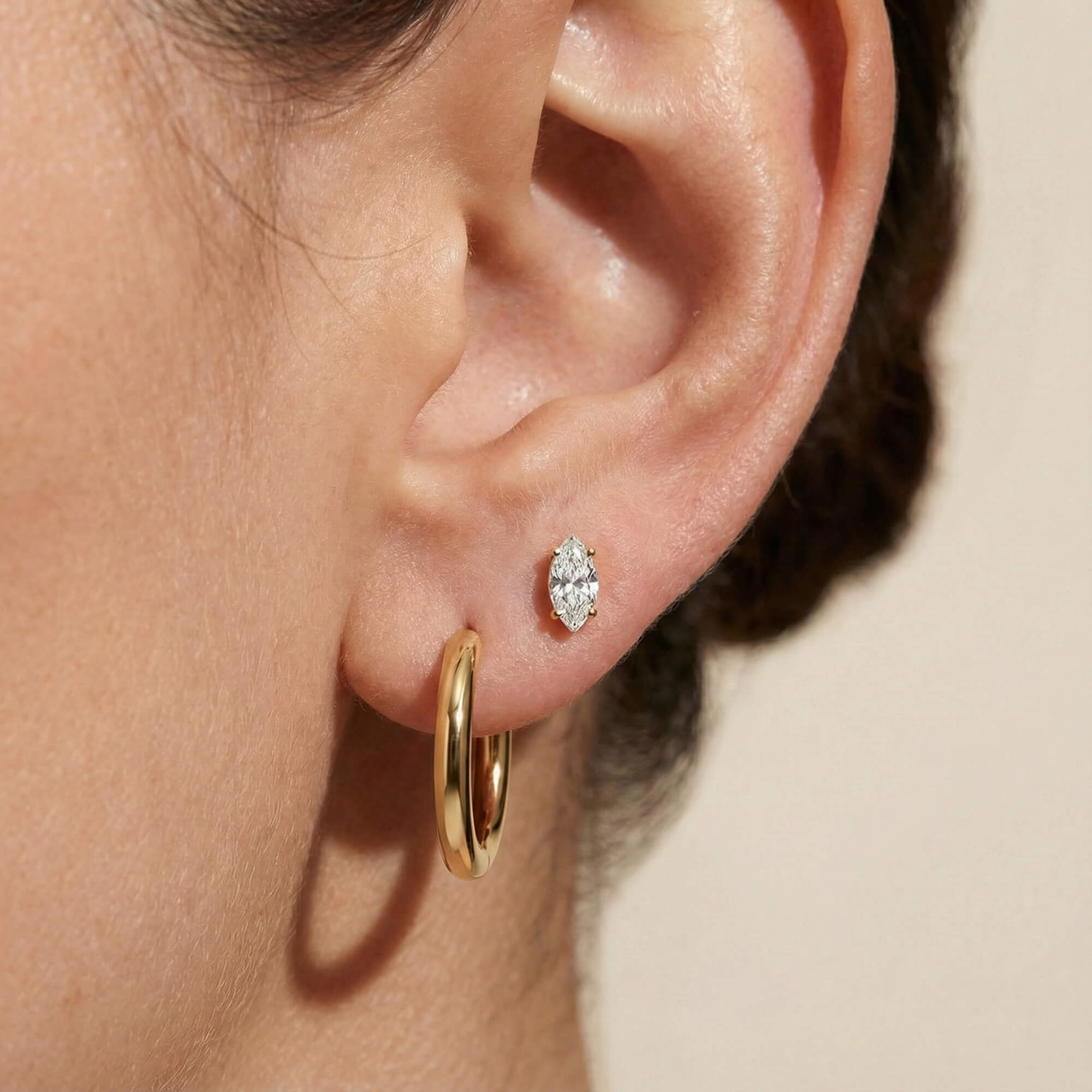 Signature Essentials Duo - Classic Hoop in Titanium and Mini Crystal Marquise Nap Earrings in Gold on model