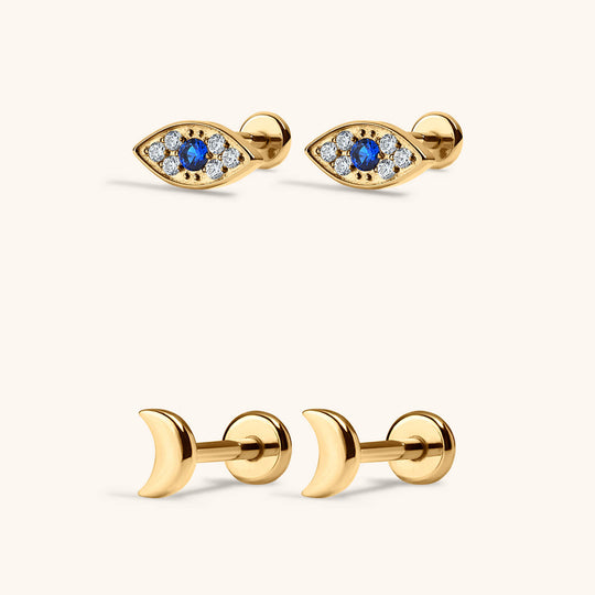 Cosmic Nap Earrings Duo - Evil Eye Nap Earrings and Classic Moon Nap Earrings in Gold