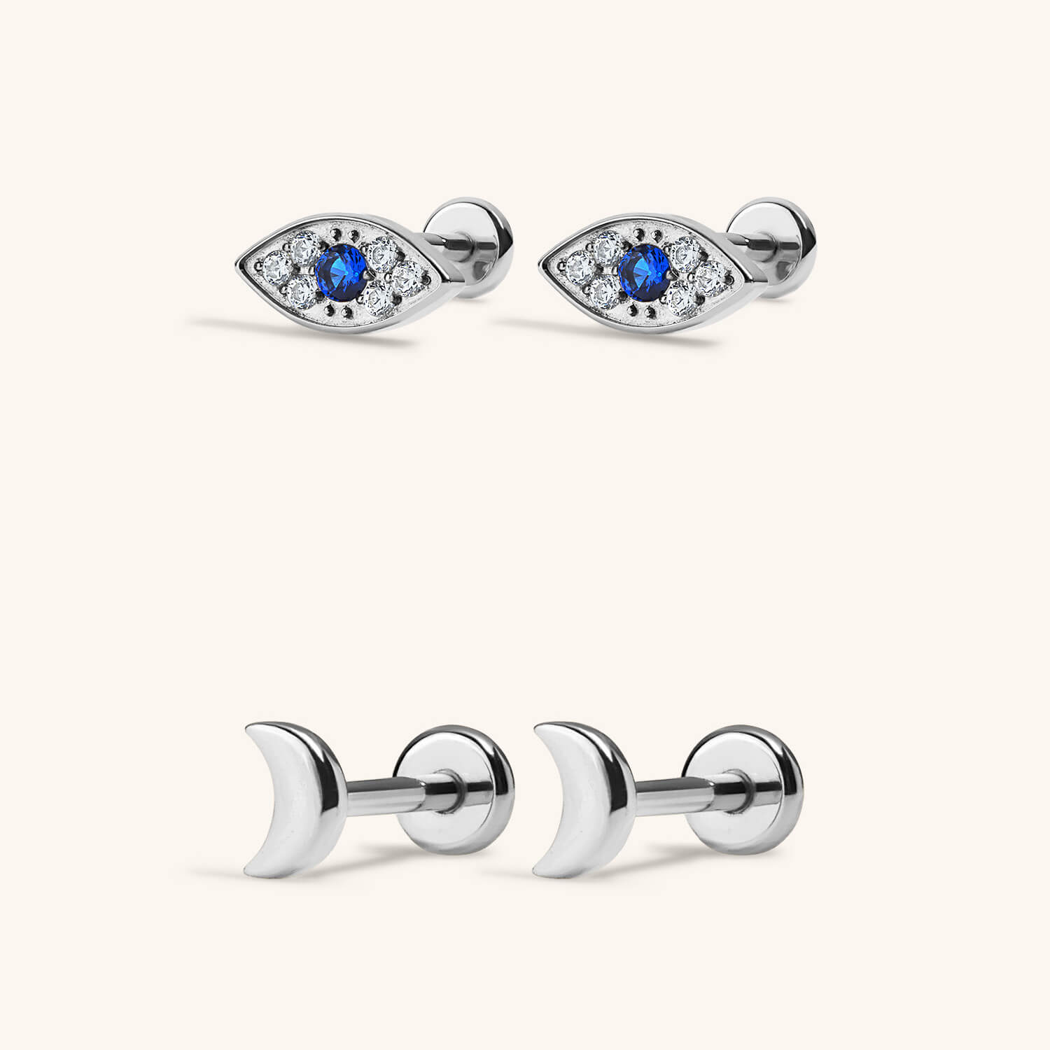 Cosmic Nap Earrings Duo - Evil Eye Nap Earrings and Classic Moon Nap Earrings in  Silver