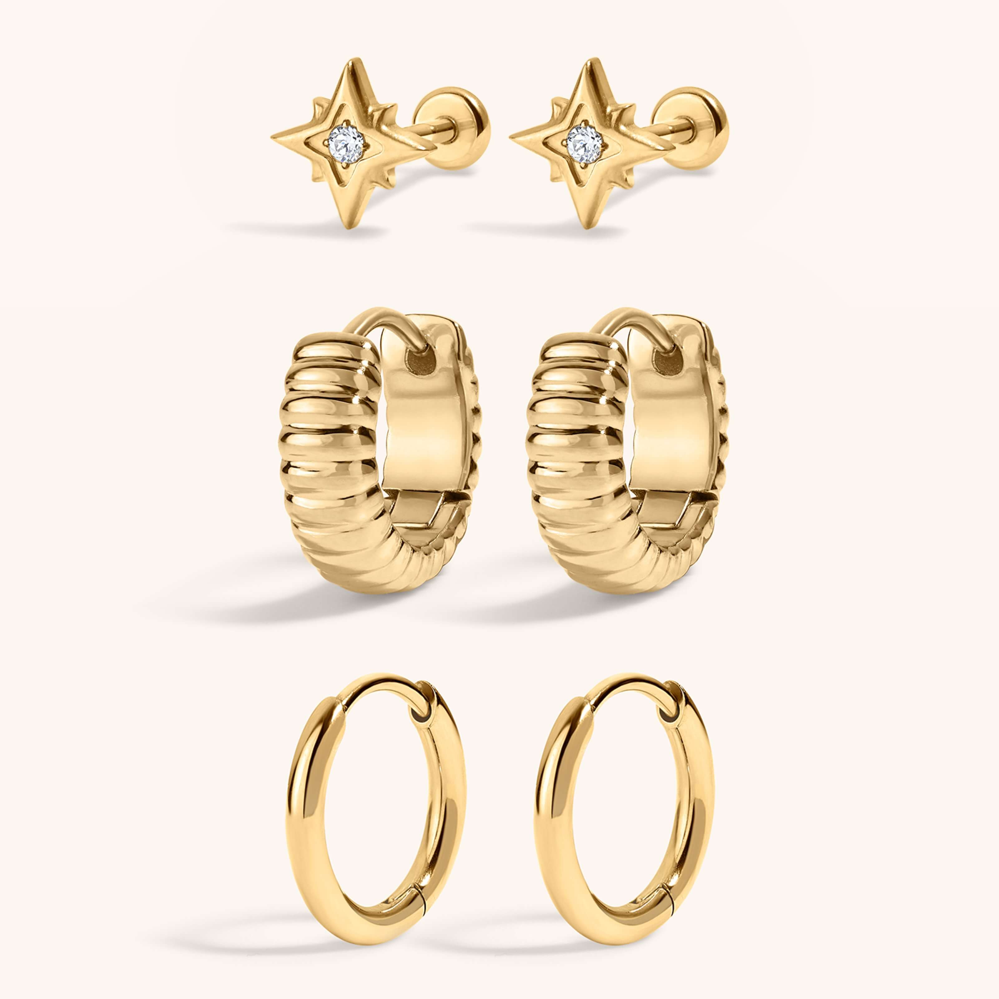 Wanderlust Stack - North Star Nap Earrings with Plisse Huggie Hoops, 13mm and Classic Huggie Hoops, 11mm Gold