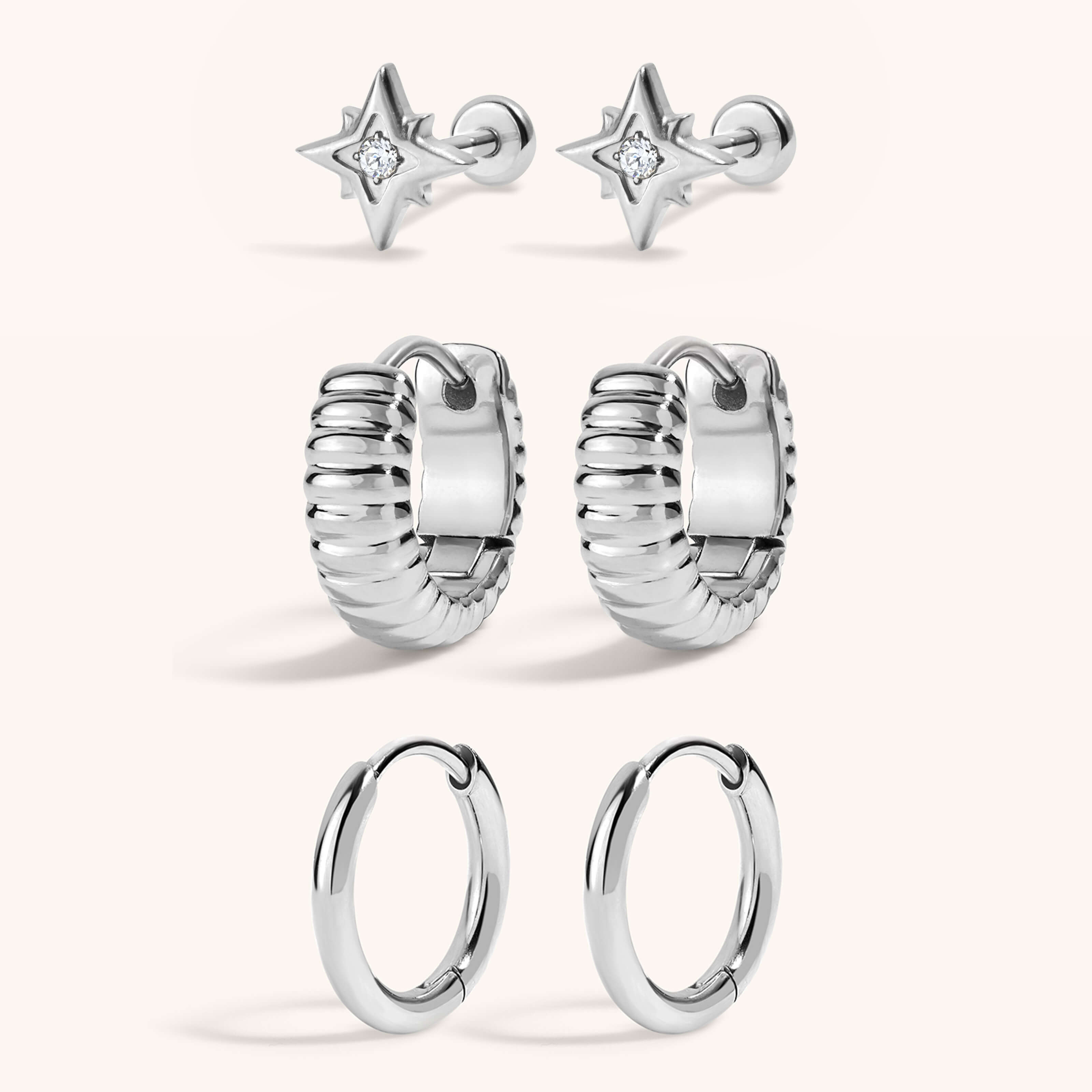 Wanderlust Stack - North Star Nap Earrings with Plisse Huggie Hoops, 13mm and Classic Huggie Hoops, 11mm Silver