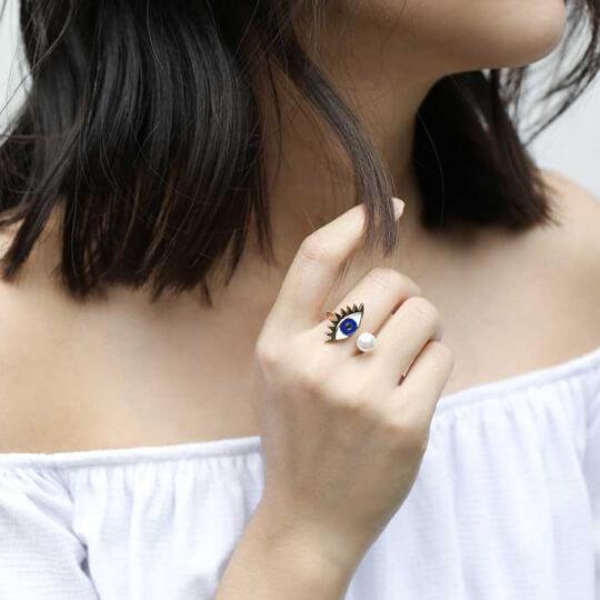 Evil Eye Ring in Blue on model