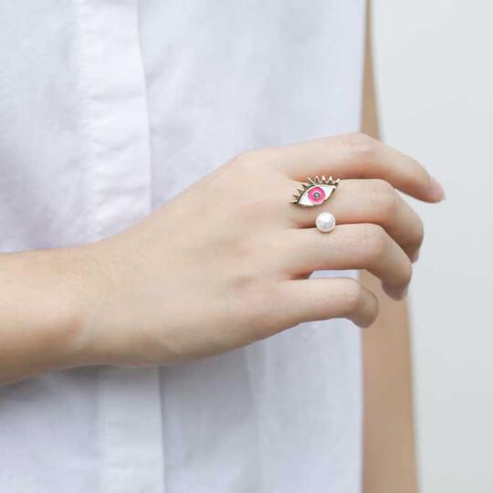 Evil Eye Ring in Pink on model