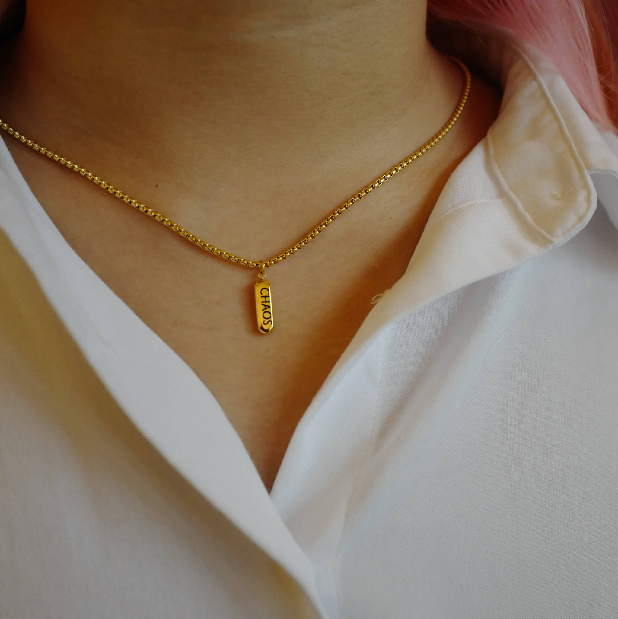 Chaos and Order Necklace in Gold on model
