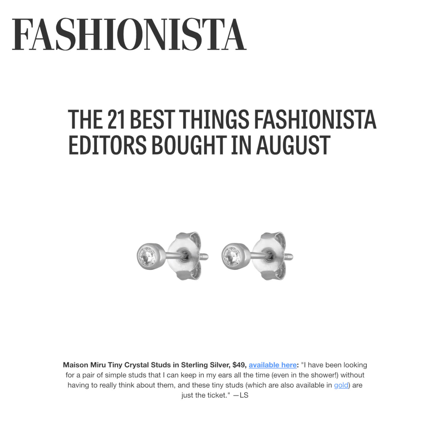 Tiny Crystal Studs in Sterling Silver as seen on Fashionista