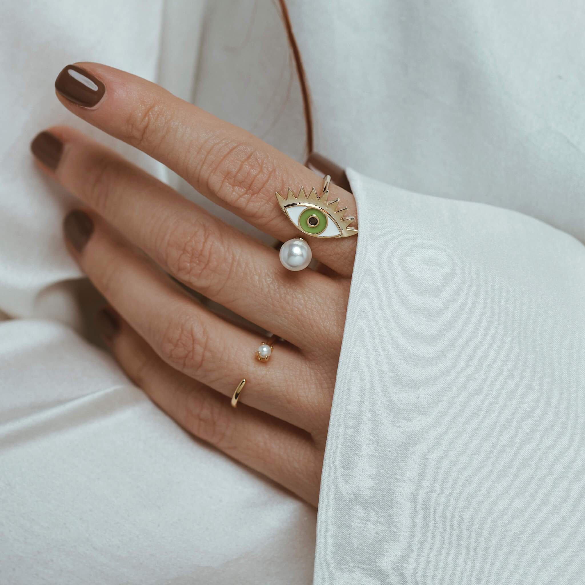 Evil Eye Ring in Green on model