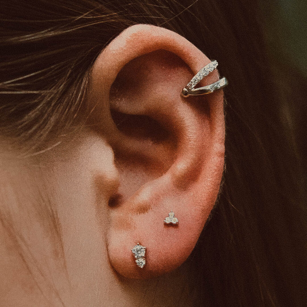 Mini Crystal Trinity Studs in Sterling Silver on model