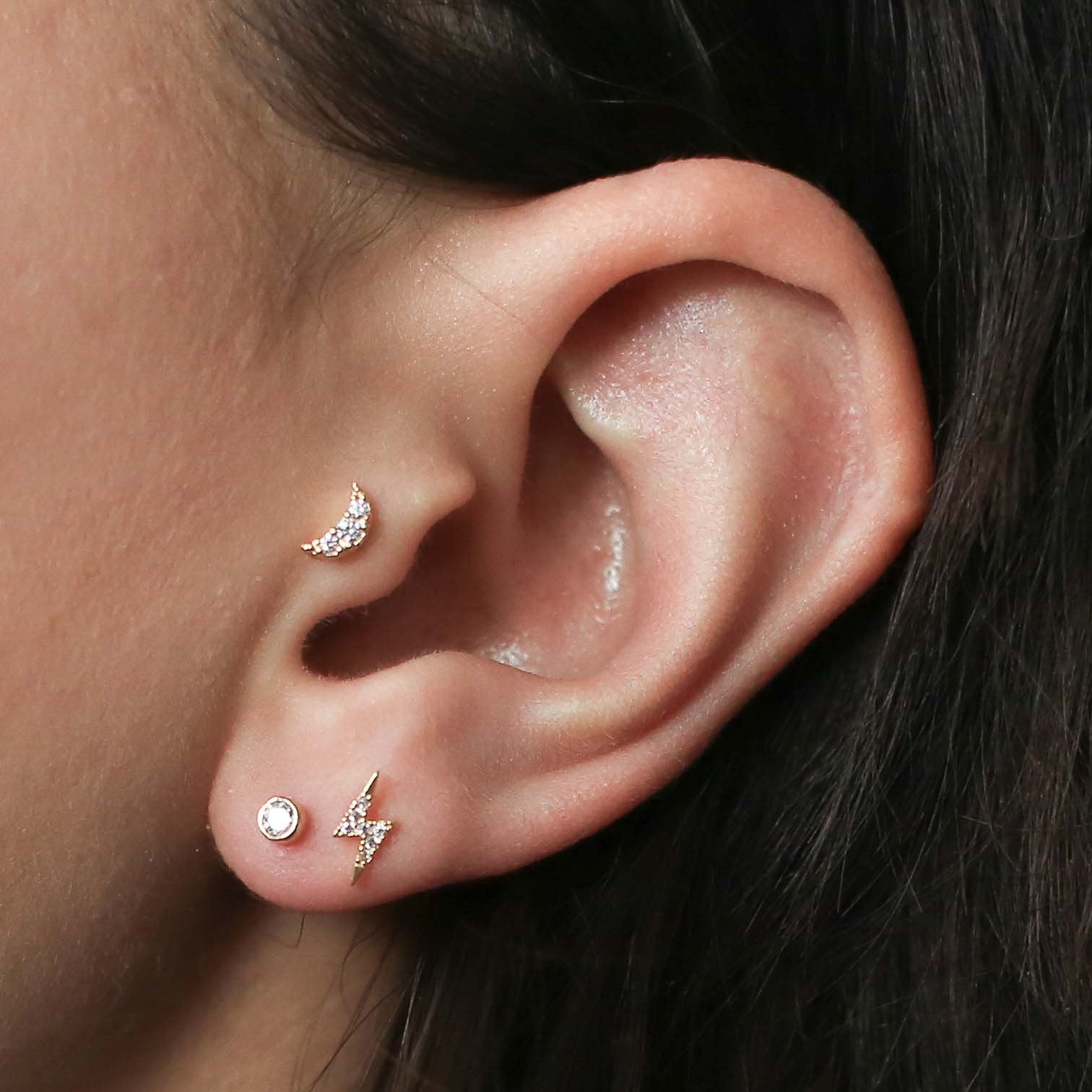 Tiny Crystal Threaded Flat Back Earring on model