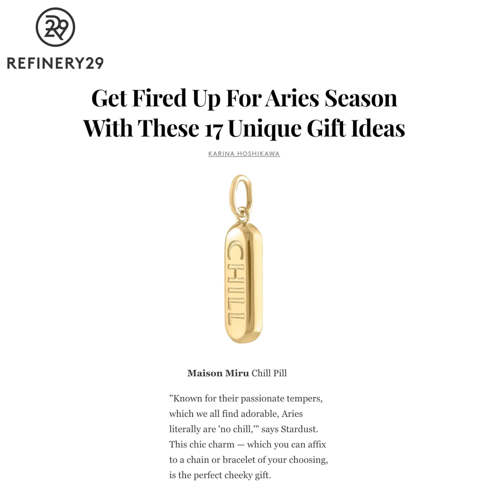 Our Chill Pill Charm as seen on Refinery29 (Gold)