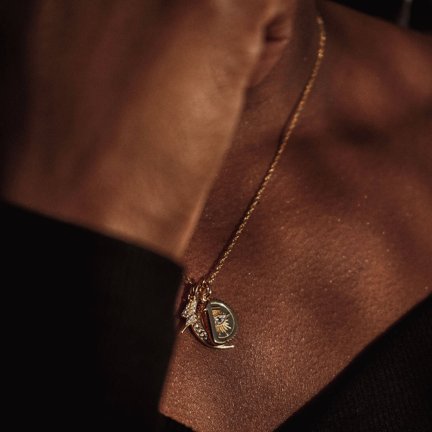 Pave Moon Charm in Gold Vermeil on model