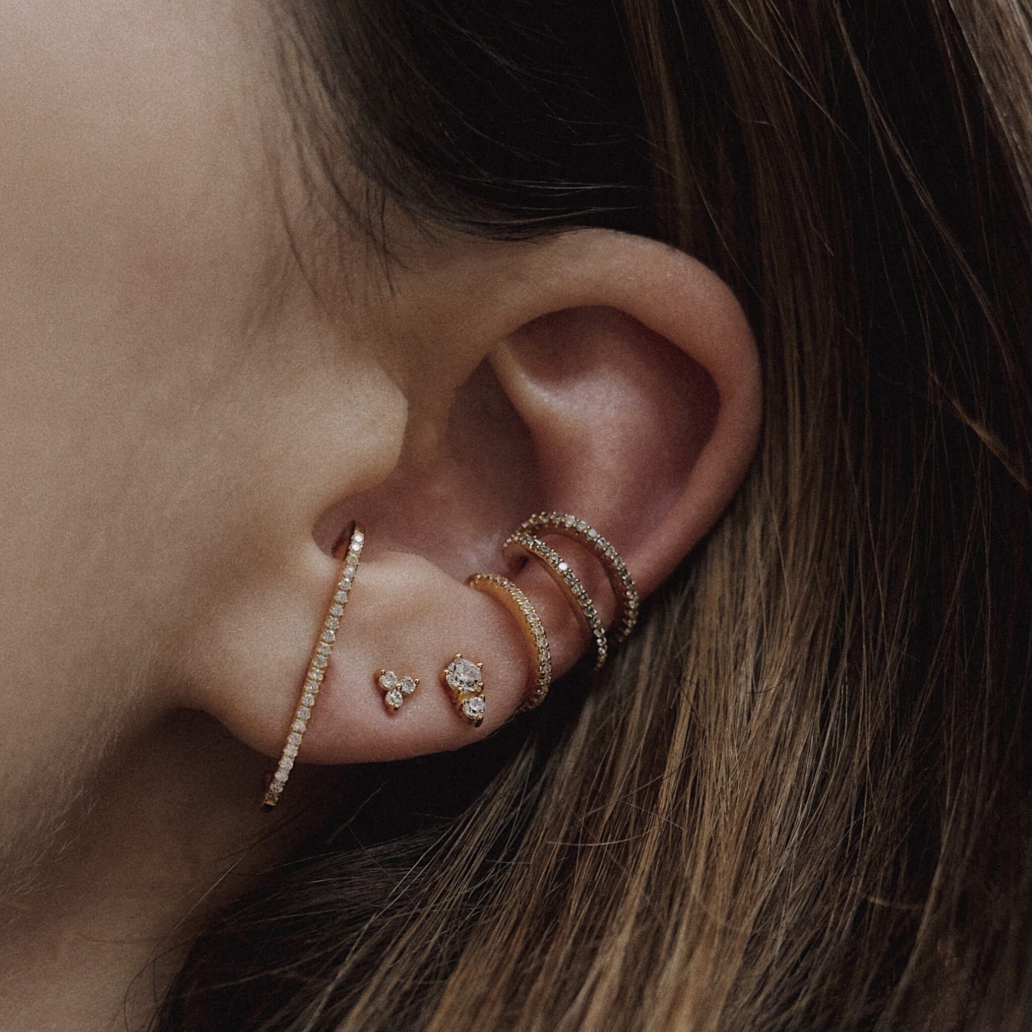 Crystal Trinity Threaded Flat Back Earring in 14k Gold on Model