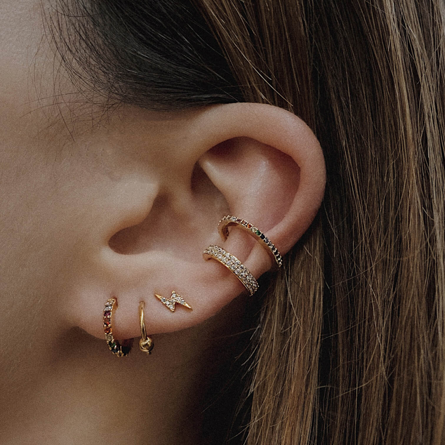 Pave Lightning Nap Earrings (Gold) on model