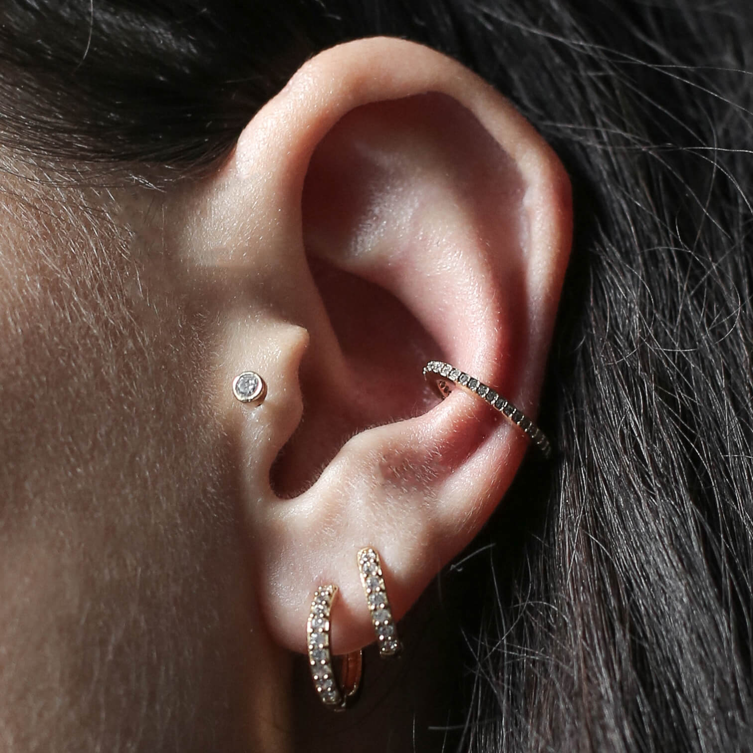 Tiny Crystal Threaded Flat Back Earring on model